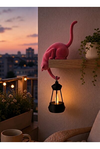 IL-HANST Askılı Kedi Figürlü Raf Dekoru 24 cm – LED Fenerli Minimalist Balkon...