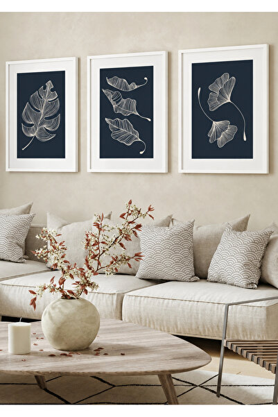 NT Handmade Set de 3 tablouri cu frunze botanice, închise în rame din lemn na...