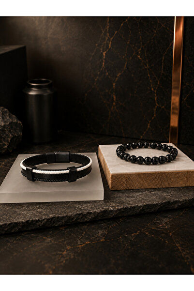 JEWELRY مجموعة من 2 أساور رجالية باللونين الأسود والأبيض، أساور مطرزة، تصميم ...