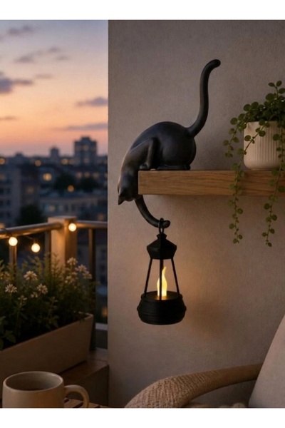 IL-HANST Askılı Kedi Figürlü Raf Dekoru 24 cm – LED Fenerli Minimalist Balkon...