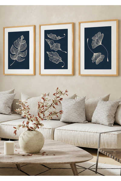 NT Handmade Set de 3 tablouri cu frunze botanice, închise în rame din lemn na...