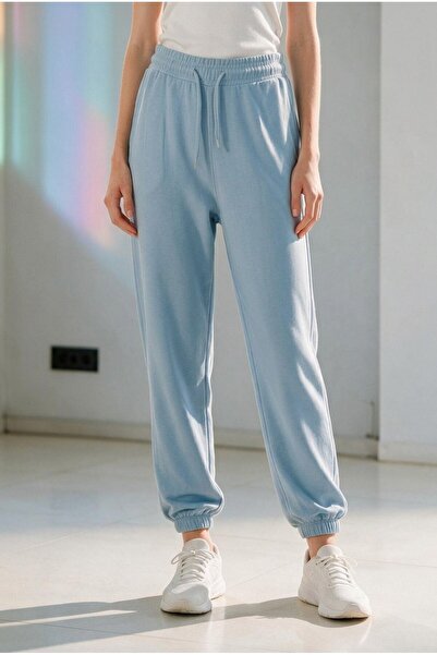 ELAFRO Women's Blue Modal Fabric Elastic Cuffed Silky Textured Sweatpants
