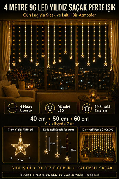Hane Dostu 4 Metre 96 LED 19 Saçaklı Yıldız Perde Işık – 7 cm Yıldız Gün Işığ...