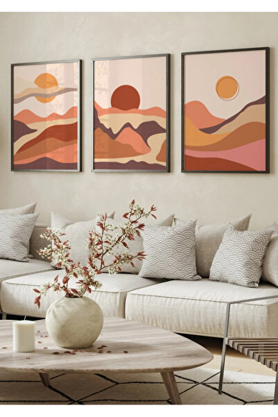 NT Handmade Natural Wooden Framed 3-Piece Sunset Painting Set Decorative Wall...