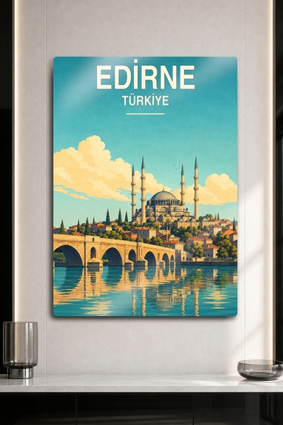 DekorHane Metalni print - Retro slika putovanja sa pogledom na džamiju Edirne...