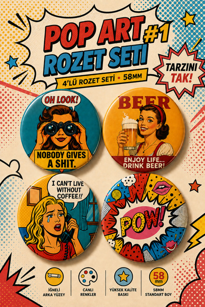 4’lü Retro Pop Art Rozet Seti 58 mm Renkli Vintage Tasarım #1 Çanta Ceket Aksesuar Rozet