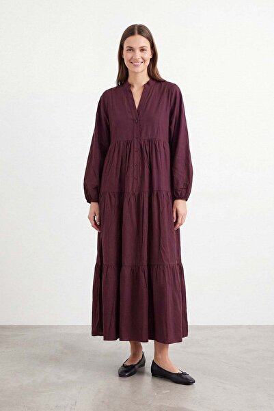 Puane Hakim Collar Flounce Long Dress Burgundy 32437