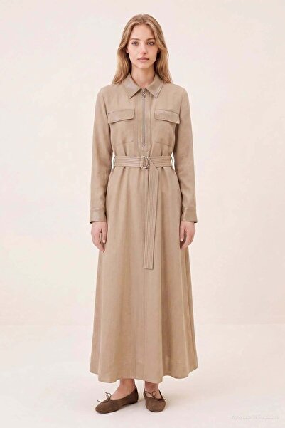 Zühre Beige Dress with Zippered Belted Pocket 0552