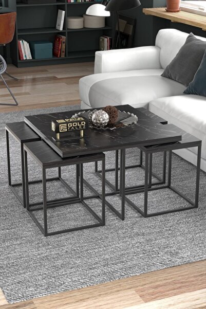 QUATTRO HOME 5'li Mermer Desenli Siyah Orta Sehpa ve Zigon Sehpa Seti