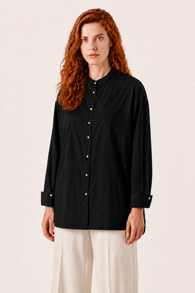 Puane Cuff Detailed Judge Collar Black Plain Shirt 10791