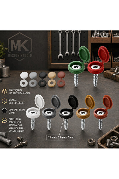 MK DESIGN STUDIO 100 Adet Vida Kapağı Siyah 3D Baskı Vida Başlığı Kapama Apar...