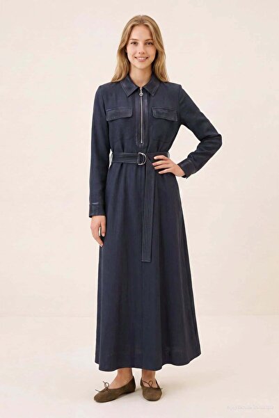 Zühre Zippered Belted Pocketed Navy Blue Dress 0552