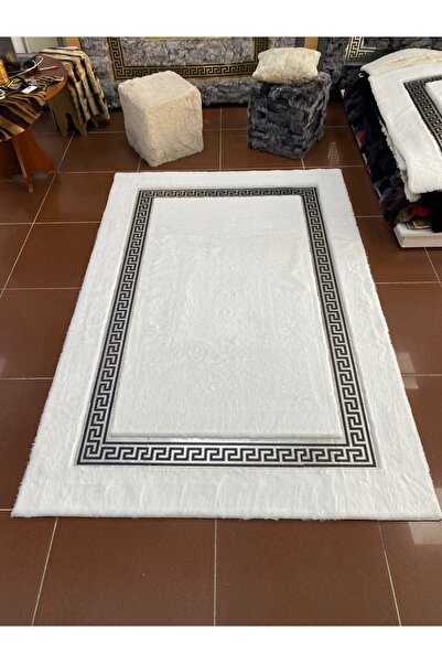 Deri Halı Dünyası Beyaz Renk Gümüş Varak Peluş Halı