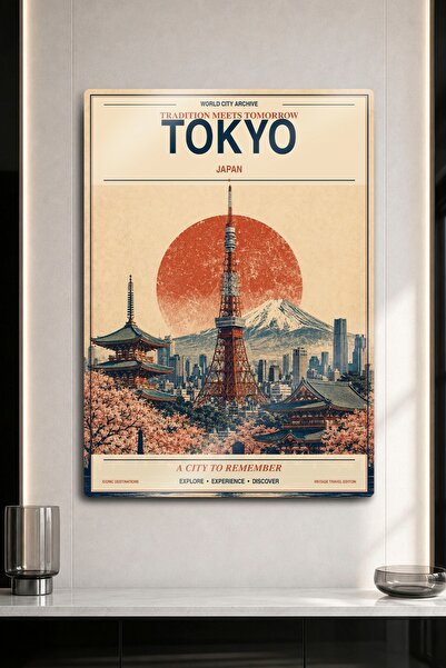 DekorHane Tablou metalic - Poster retro japonez cu vedere la Turnul Tokyo și ...