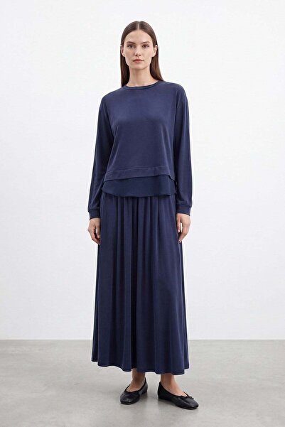Puane Chiffon Detailed Modal Skirt Suit Navy Blue 14420