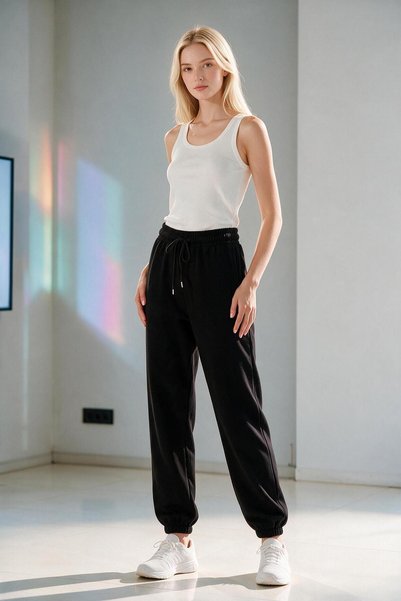 ELAFRO Women's Black Modal Fabric Elastic Cuffed Silky Textured Sweatpants