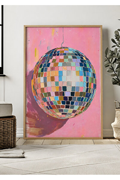 NT Handmade Natural Wood Framed Colorful Disco Ball Painting Pink Retro Pop A...