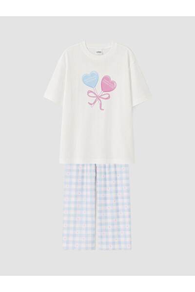 LC Waikiki Rmz Gi̇yi̇m Farkiyla Zero Roba Collar Girls' Capri Pajama Set