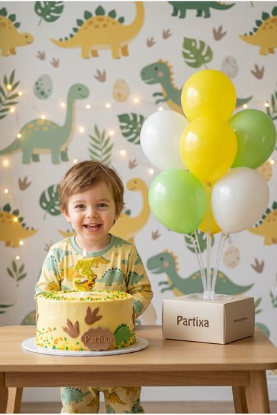 Partixa Dinozor Temalı Sarı Simli Rakam Mum ve Balon Standı Seti - Erkek Çocu...