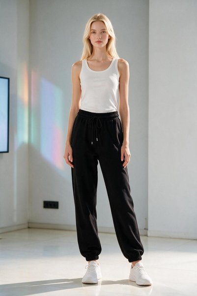 ELAFRO Women's Black Modal Fabric Elastic Cuffed Silky Textured Sweatpants