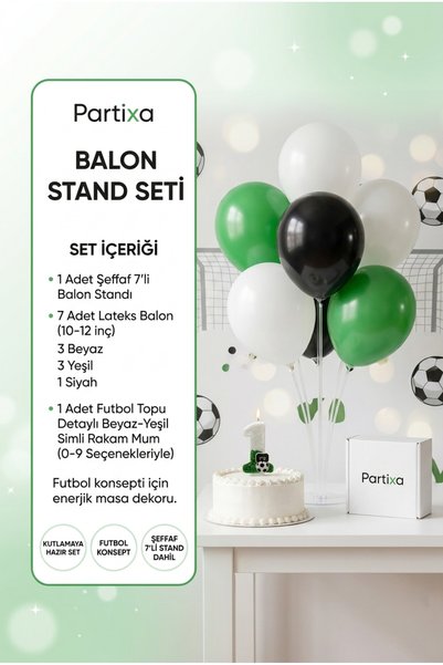 Partixa Champion Football Concept Green and White Glitter Number Cake Candle & Balloon Stand Set - Fan Birthday Decoration