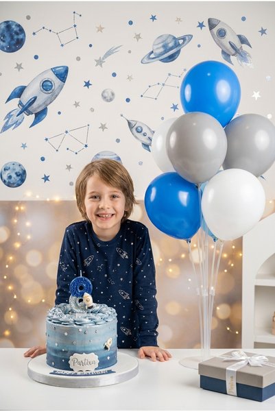 Partixa Space Themed Rocket Figured Blue Silver Glitter Number Candle and Balloon Stand Set - Birthday Party Decorations (0-9 Years)