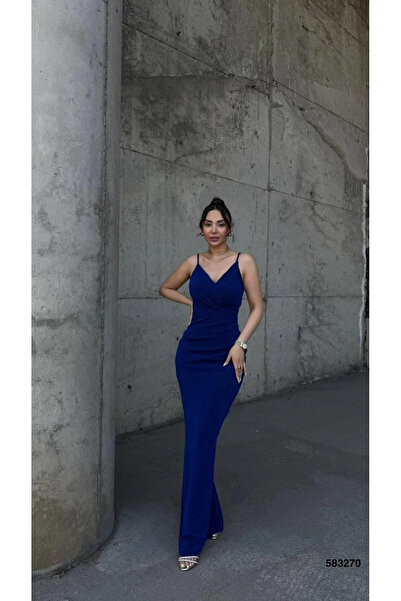 SS HOME CONCEPT Women's V-Neck Pleated Detailed Strap Evening Dress