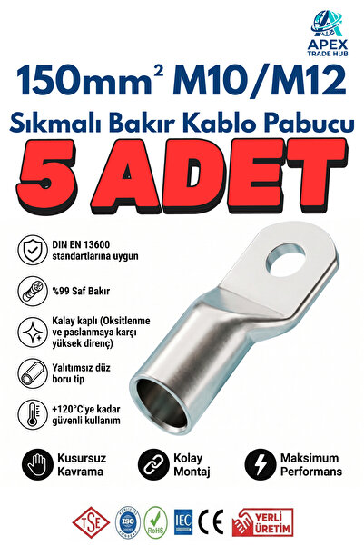 150mm M10/M12 SKP Sıkmalı Bakır Kablo Pabucu - 5'li Paket
