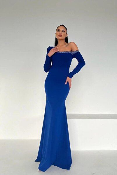 SS HOME CONCEPT Women's crepe fabric madonna neckline maxi evening dress