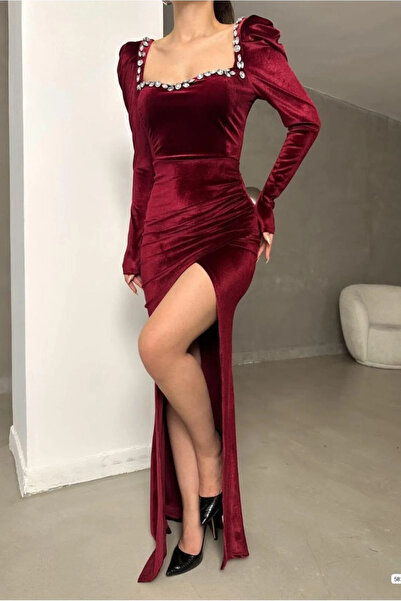 SS HOME CONCEPT Women's square neck stone detailed long sleeve evening dress