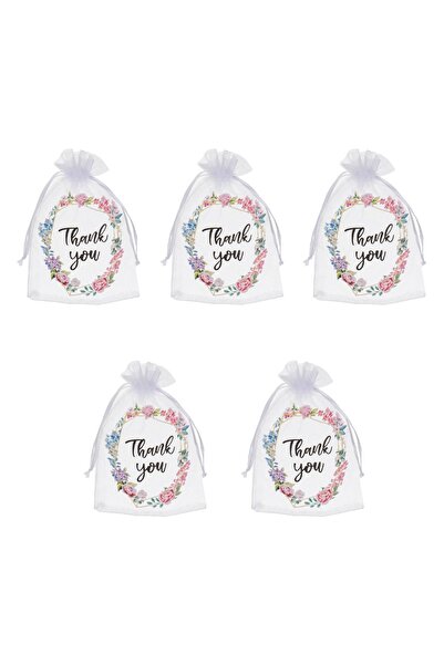 OEM Pungi cadou din organza albă cu design floral „Mulțumesc” - 10x15cm, 5 bu...