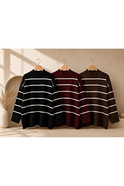 threeoff Women's Oversize Striped Knitwear Sweater High Neck Loose Fit Long S...