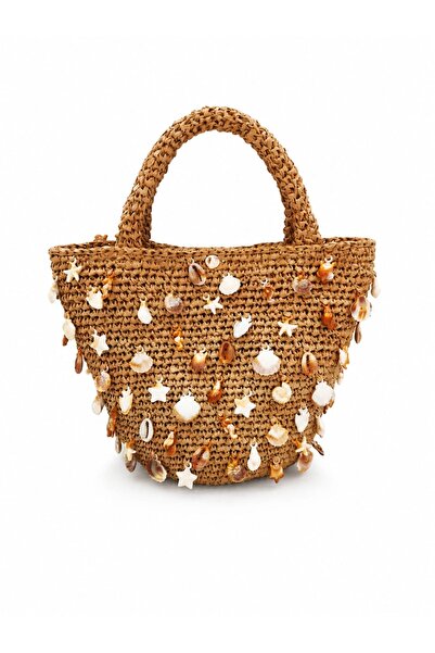 Nafta Women's Shell Detailed Hand-Knitted Straw Bag - Mini Basket Summer Shou...