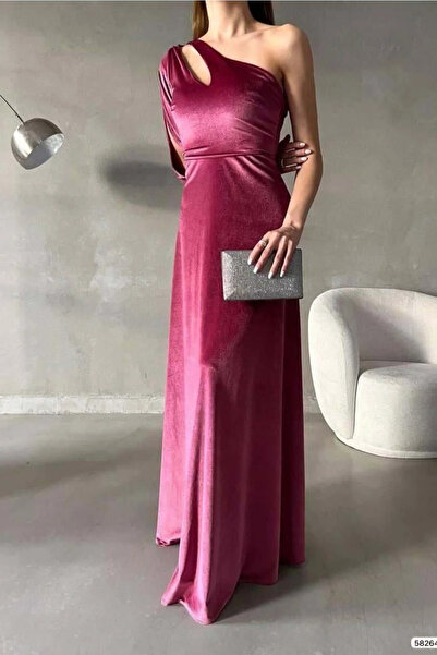 SS HOME CONCEPT Women's stretch velvet one shoulder evening dress