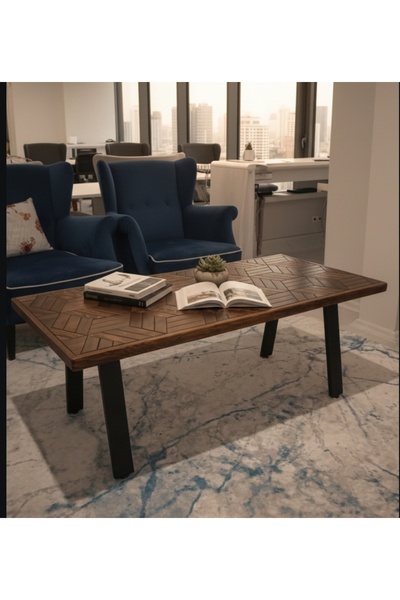 MİRRORSS Geometrik Ahşap Desenli Modern Salon Orta Sehpa -120 x 56 cm Ceviz Renk Dekoratif Mobilya 3D