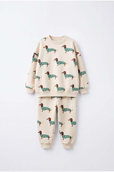 Magu Children's Dog Patterned Ecru Sweatshirt and Sweatpants Set
