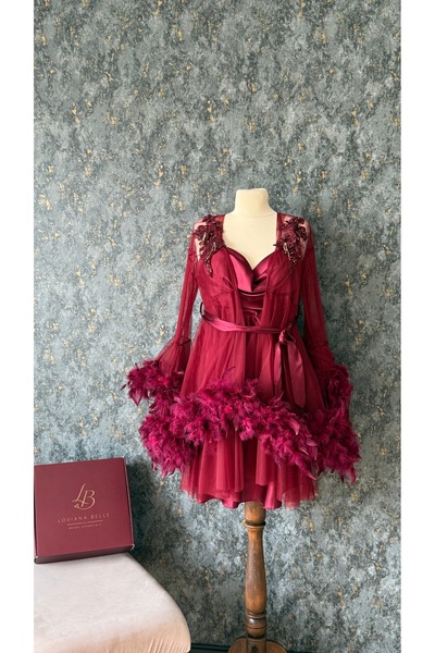 Loviana belle Burgundy Feather Detailed 2-Piece Satin Dressing Gown and Night...
