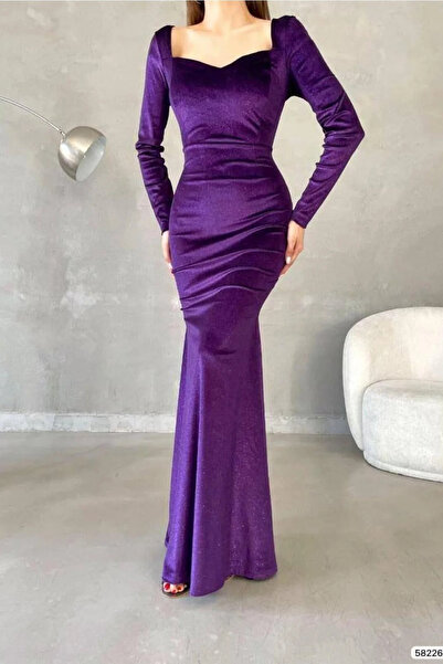 SS HOME CONCEPT Women's Square Neckline Fish Cut Long Sleeve Evening Dress