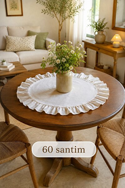 HOME ART ATELIER hand made Bej Fiskos - Bohem Fırfırlı Yuvarlak Runner - 60 cm