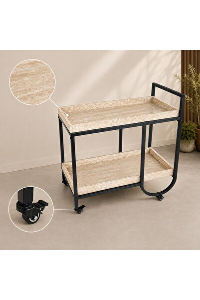 LastHome Modern Wooden and Metal Serving Cart with Wheels - Beige