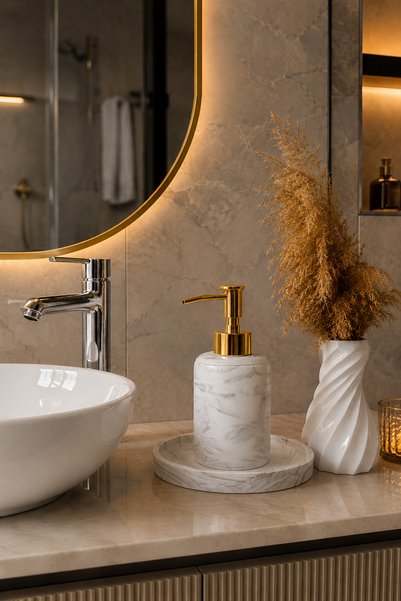 lufen deco Marble Patterned 3-Piece Concrete Liquid Soap Dispenser with Presentation Tray Decorative Vase Bathroom Organizer