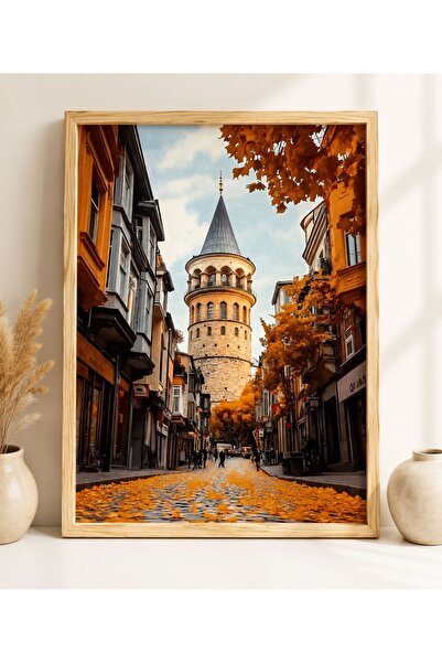 HAZARPAZAR Modern Tasarımlı Ahşap Çerçeveli Sonbahar Temalı Galata Kulesi Tablo