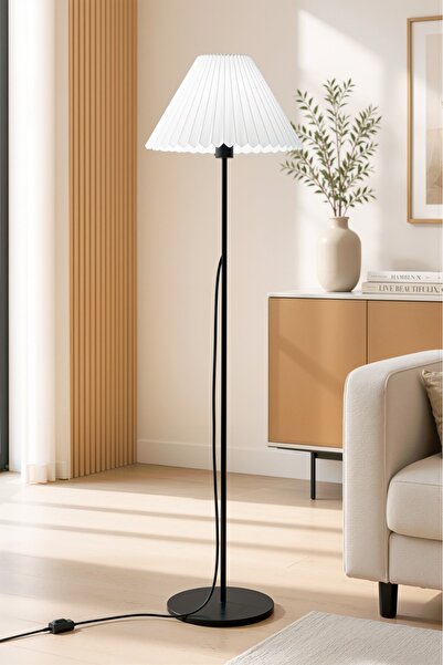Genel Markalar NovaLume Siyah Metal Lambader 150 cm – Beyaz Pileli Kumaş Başl...