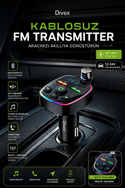 Divex Bluetooth 5.3 Kablosuz FM Transmitter – RGB LED, Type-C ve Çift USB Gir...
