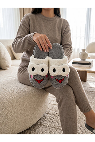 ZARICH Kroaky Gray Plush Frog Figured Closed Toe Non-Slip Winter Warm Comfort...