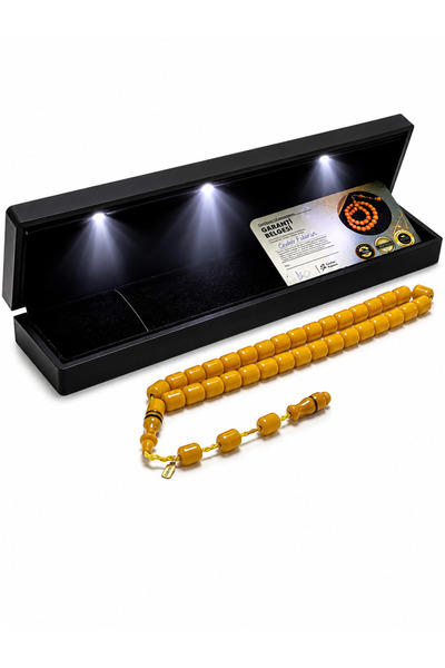 Deniz Elmasları Cevher Faturan İmzalı Sıkma Kehribar Tesbih 11x9 mm Fıçı Kesim Sertifikalı Sistemli Takımlı Işıklı Kutulu Premium