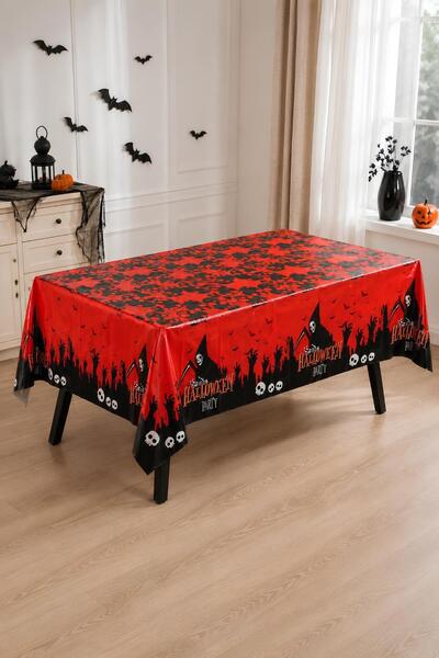 Patladı Gitti Halloween Cadılar Bayramı Kırmızı Siyah Masa Örtüsü 137 x 187 cm