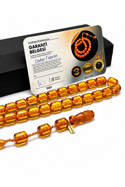 Deniz Elmasları Cevher Faturan İmzalı Sıkma Kehribar Tesbih 11x9 mm Fıçı Kesim – Sertifikalı Sistemli Takımlı Işıklı Kutulu Premium