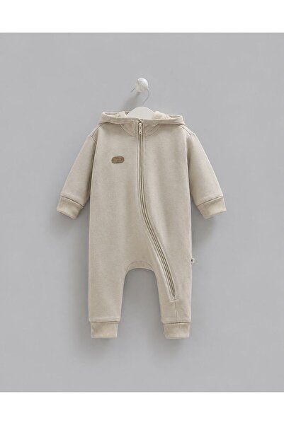 Caramell Pamuklu Unisex, Kapüşonlu Fermuarlı Bebek Tulum, Yenidoğan, 1-12 Ay