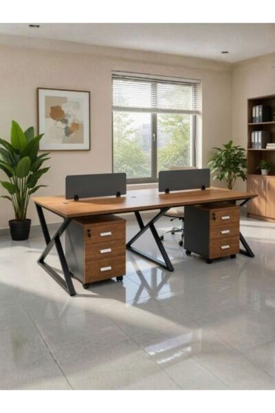 Generic Brand Four Person Collaborative Workstation Desk with Drawer Units